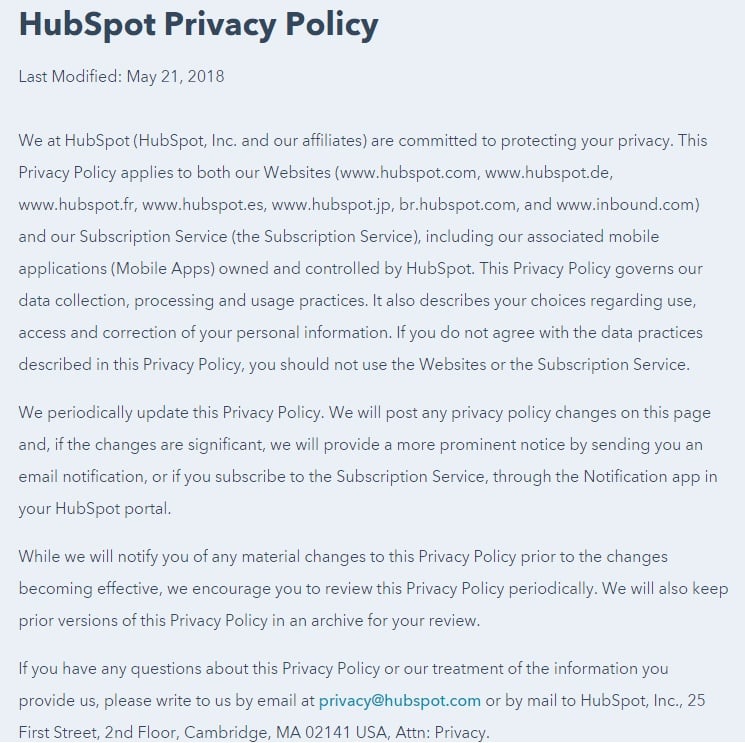 HubSpot Privacy Policy: Full introduction section