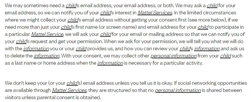Mattel Children&#039;s Privacy Statement: Excerpt of clause about direct notice and parental consent