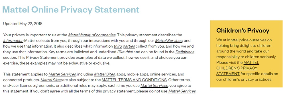 Mattel Privacy Statement with Children&#039;s Privacy link