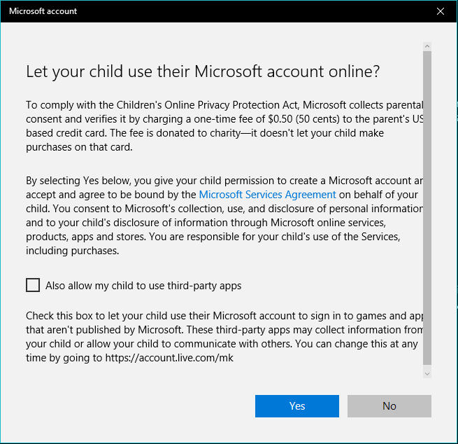 Microsoft parental consent request form with checkbox - COPPA