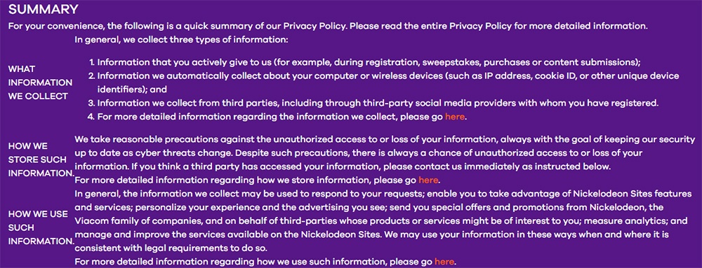 Nickelodeon Privacy Policy: excerpt of Summary section