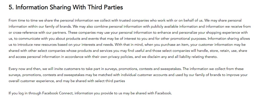 Shutterfly Privacy Policy: Information Sharing With Third Parties clause