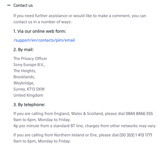 Sony UK Privacy Policy: Contact clause