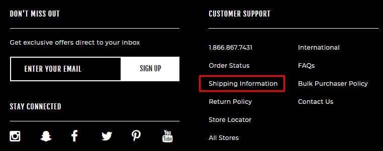 Torrid website footer with Shipping Information link highlighted