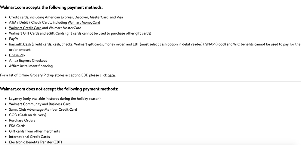 Walmart Help: Payment Methods section