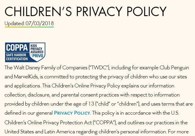 Walt Disney Company Children&#039;s Privacy Policy: Introduction section with COPPA Safe Harbor Certification