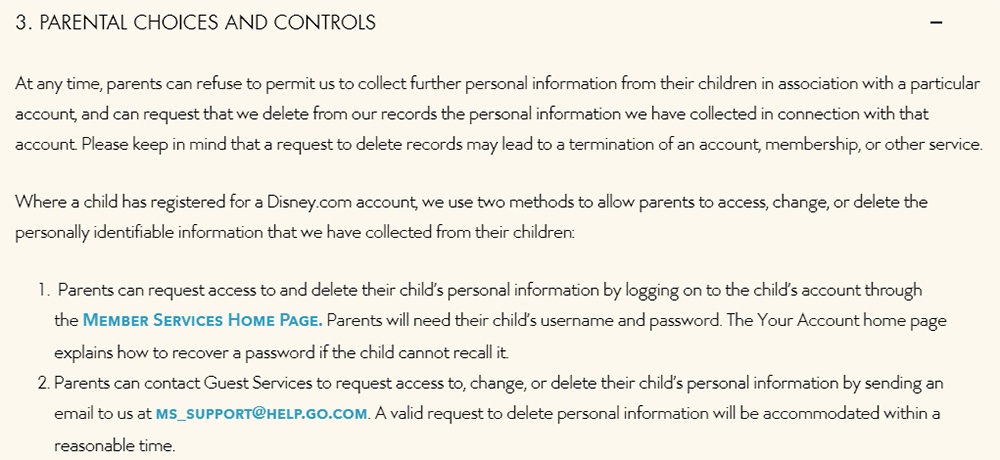 Walt Disney Company Children&#039;s Privacy Policy: Parental Choices and Controls clause excerpt