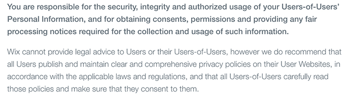 Wix Privacy Policy: Excerpt of Users of Users Information clause