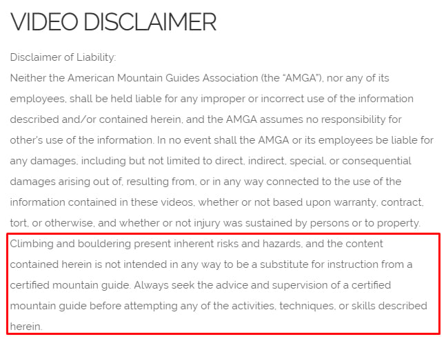 American Mountain Guides Association video disclaimer with Risk section highlighted