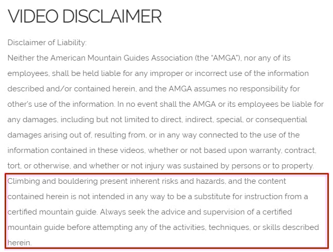 American Mountain Guides Association video disclaimer with Risk section highlighted