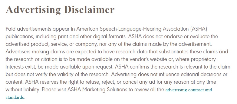 ASHA Advertising Disclaimer