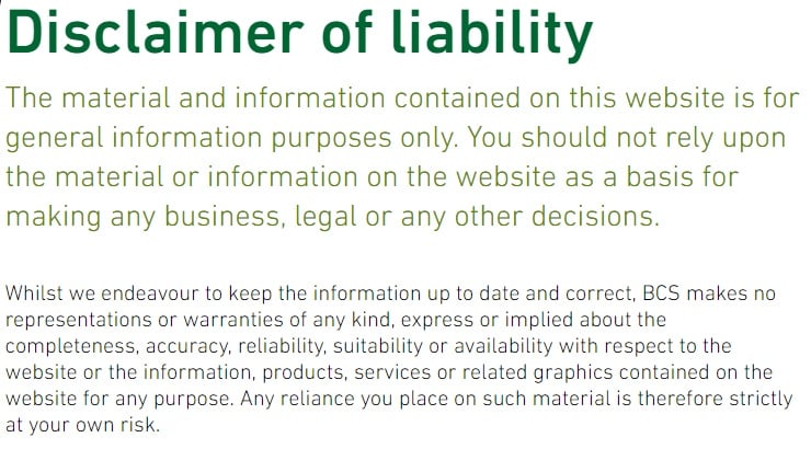 Excerpt of BCS Disclaimer of liability