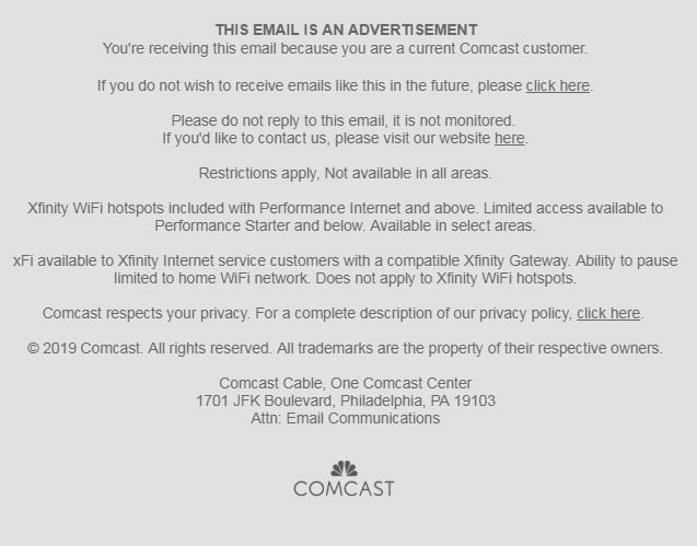 Screenshot of Comcast email footer