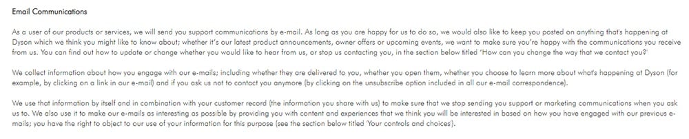 Dyson Global Privacy Policy: Email Communications clause