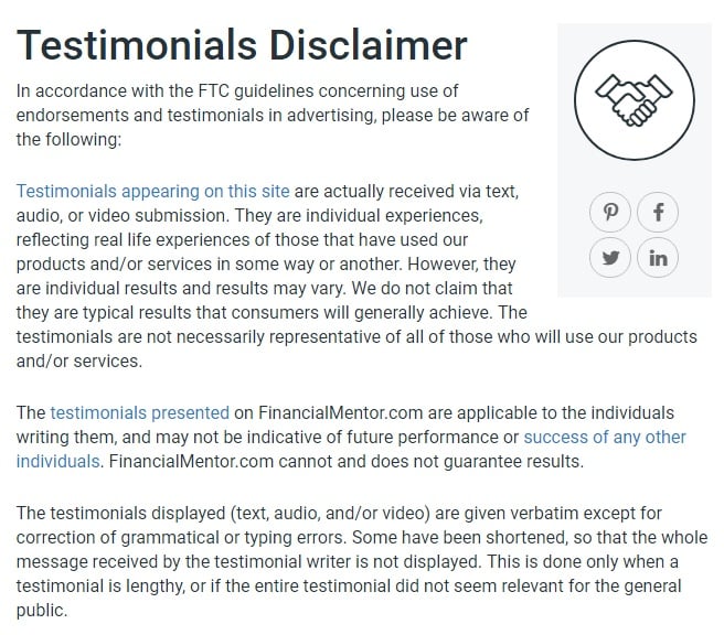 Excerpt of Financial Mentor Testimonials Disclaimer