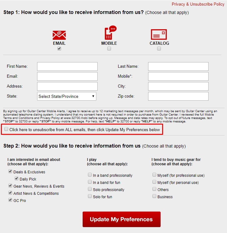 Guitar Center: Manage My Subscriptions form with unsubscribe box highlighted