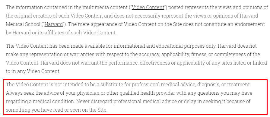 Harvard Medical School video disclaimer with professional advice section highlighted