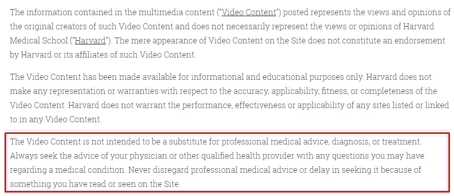 Harvard Medical School video disclaimer with professional advice section highlighted