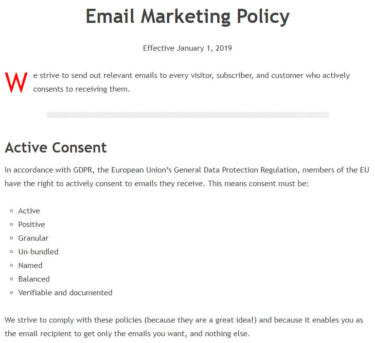 Jeff Sanders Email Marketing Policy: Excerpt of Active Consent section