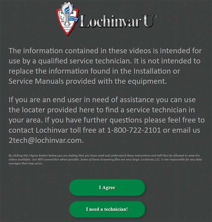 Lochinvar video disclaimer with &quot;I Agree&quot; button