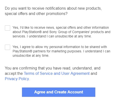 Sony account sign-up form with checkboxes for marketing emails and to share personal information
