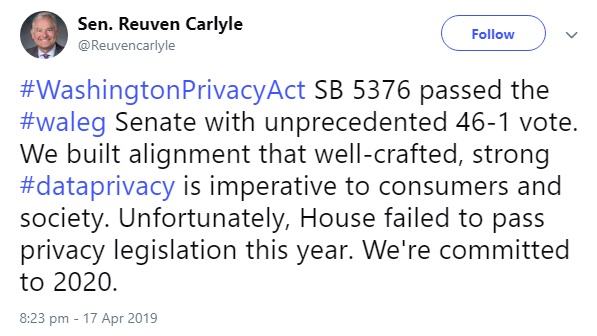 Twitter post of Senator Reuven Carlyle about his commitment to WPA