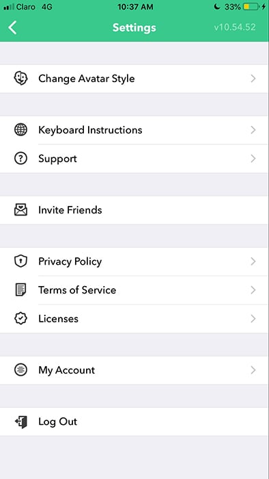 Bitmoji mobile app: Settings menu