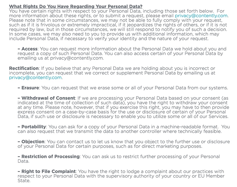 Contently Privacy Policy: What Rights Do You Have Regarding Your Personal Data clause