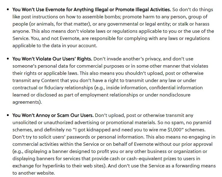 Evernote User Guidelines: Excerpt of prohibited uses clause