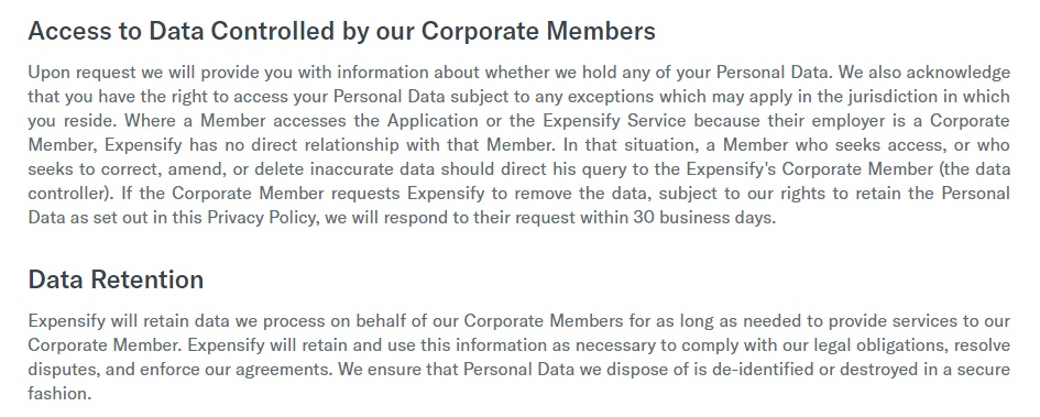 Expensify Privacy Policy: Access to data and data retention clauses