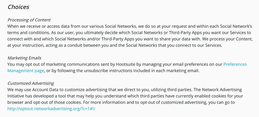 Hootsuite Privacy Notice: Choices for processing of content, marketing emails and customized advertising clause