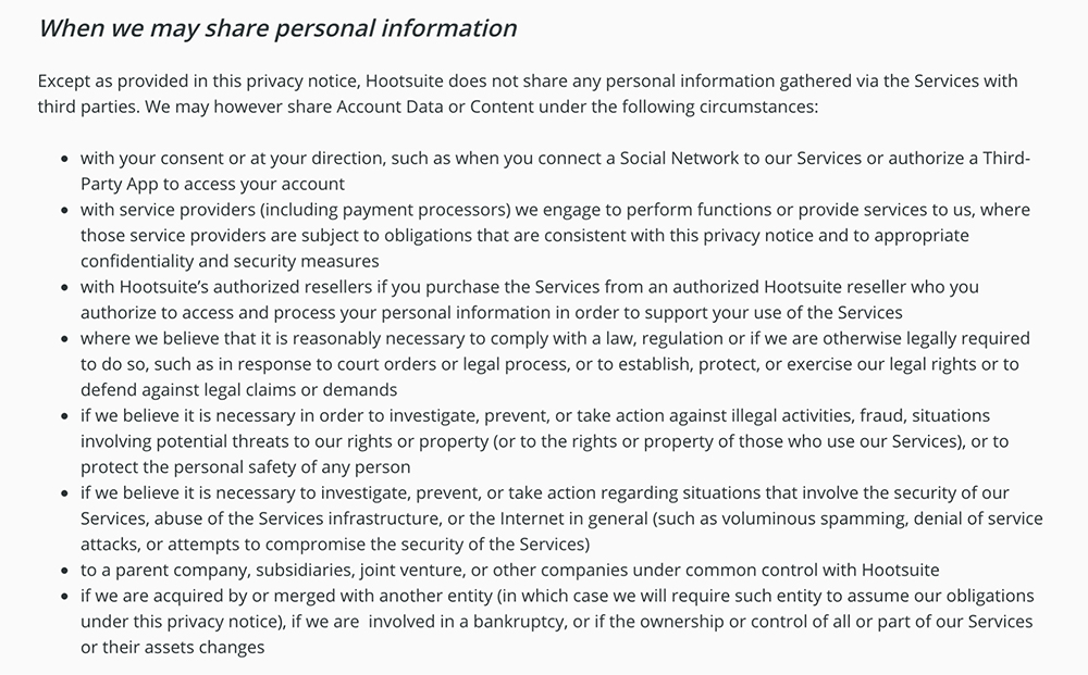 Hootsuite Privacy Notice: When we may share personal information clause