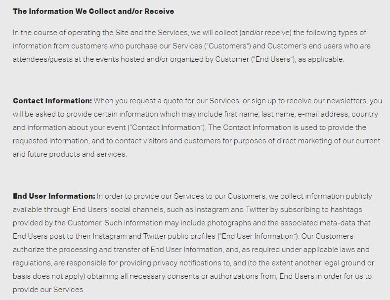 Luster Privacy Policy: The Information We Collect and or Receive clause excerpt