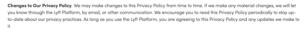 Lyft Privacy Policy: Changes to Our Privacy Policy clause