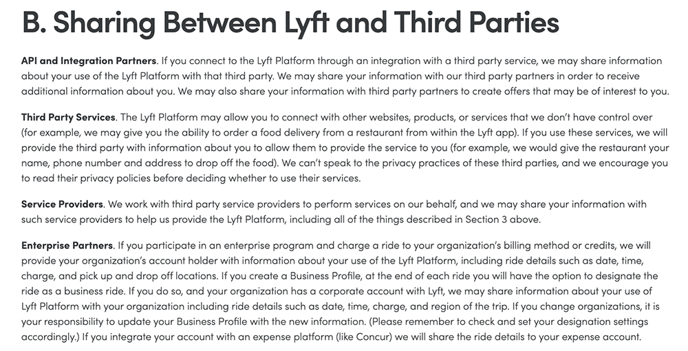 Lyft Privacy Policy: Sharing between Lyft and Third Parties clause excerpt