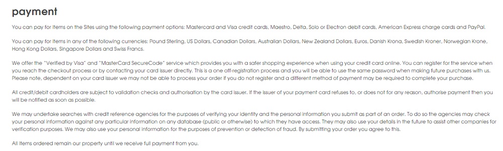 Missguided Terms of Sale: Payment clause