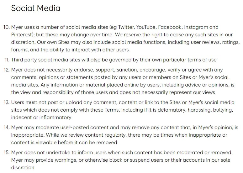 Myer Australia General Terms and Conditions: Social Media clause excerpt