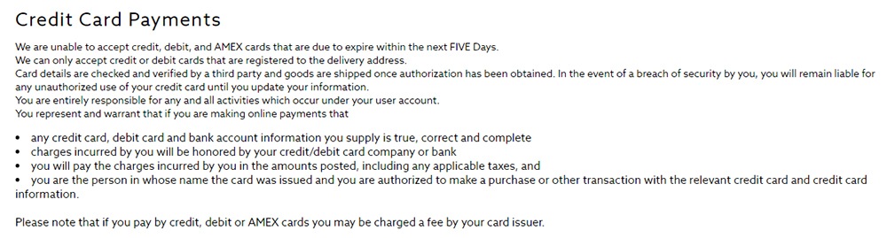 Next Terms and Conditions: Credit Card Payments clause