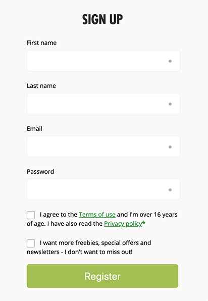 Photobox Sign-up form with checkboxes