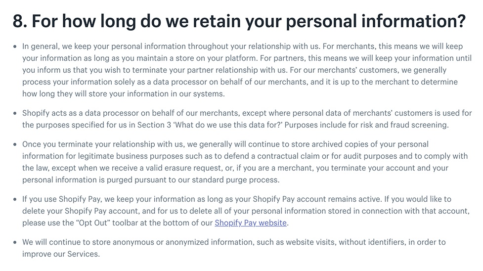 Shopify Privacy Policy: Data Retention clause