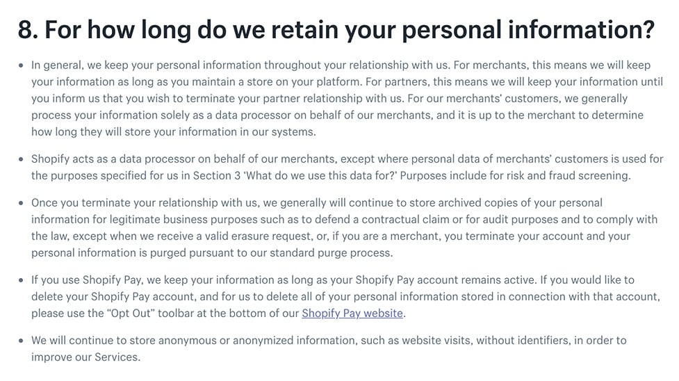Shopify Privacy Policy: Data Retention clause