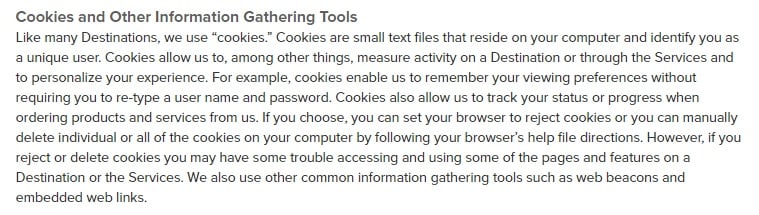 Sincerely Privacy Policy: Cookies and Other Information Gathering Tools clause