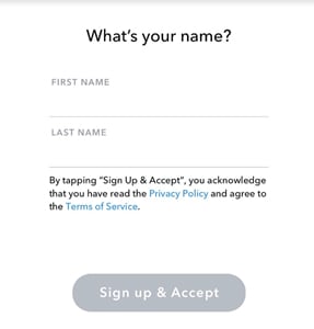 Snapchat sign-up form with button to accept Terms of Service and Privacy Policy