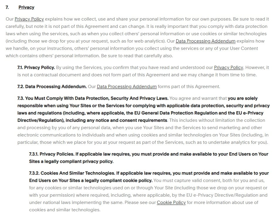 Squarespace Terms of Service: Privacy clause excerpt