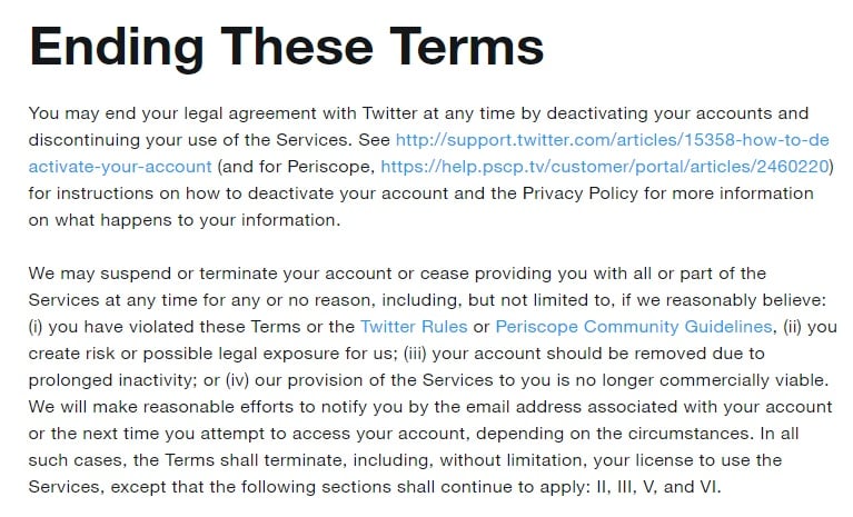 Twitter Terms of Service: Ending These Terms Termination clause