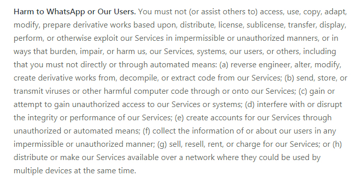 WhatsApp Terms of Service: Harm to WhatsApp Or Our Users clause