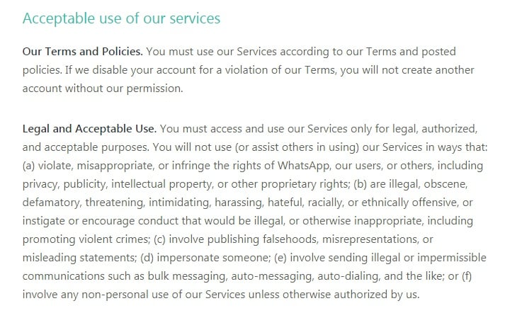 WhatsApp Terms of Service: Legal and Acceptable Use clause excerpt