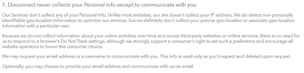 Disconnect Privacy Policy: Disconnect never collects personal info except to communicate with you clause excerpt