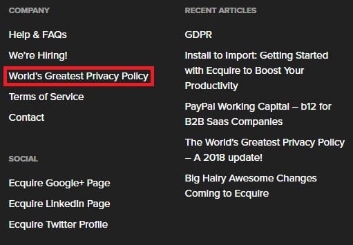 Ecquire footer with links and Privacy Policy highlighted