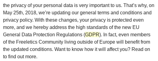 Excerpt of Freeletics Updated Privacy Policy notice email